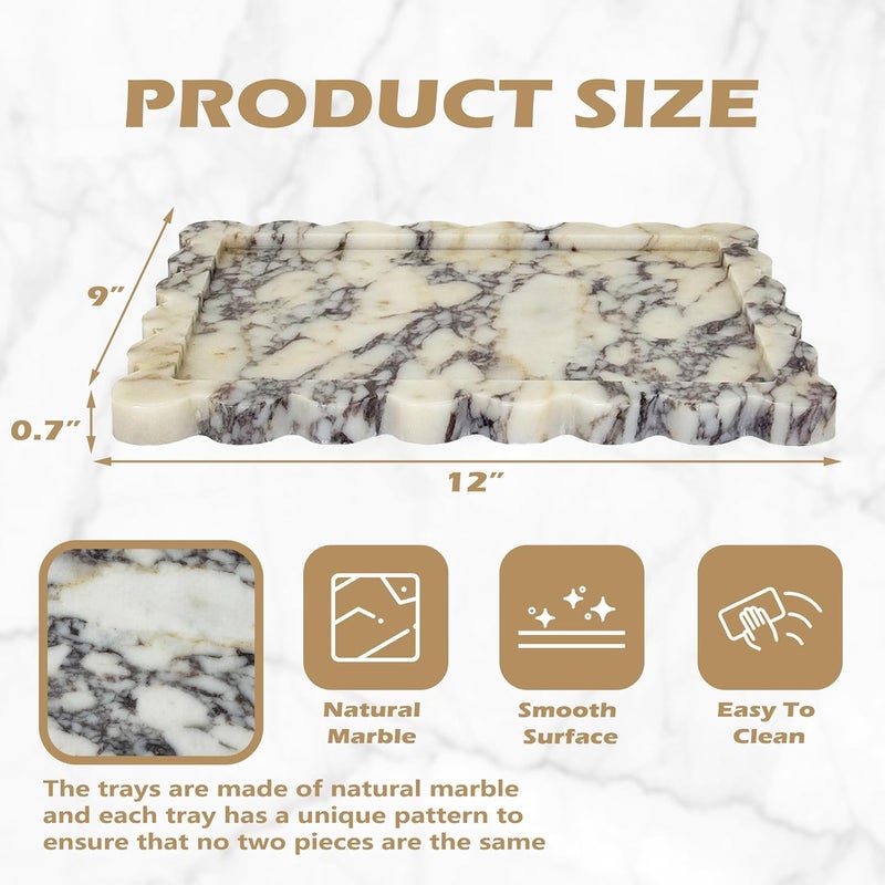PROLEE Scalloped Marble Tray,Marble Vanity Trays for Bathroom 12" x 9", Scalloped Tray,Wave Appearance Jewelry Home Decor Stone Trays for Kitchen Counter, Bathroom,Genuine Calacatta Viola - Image 3